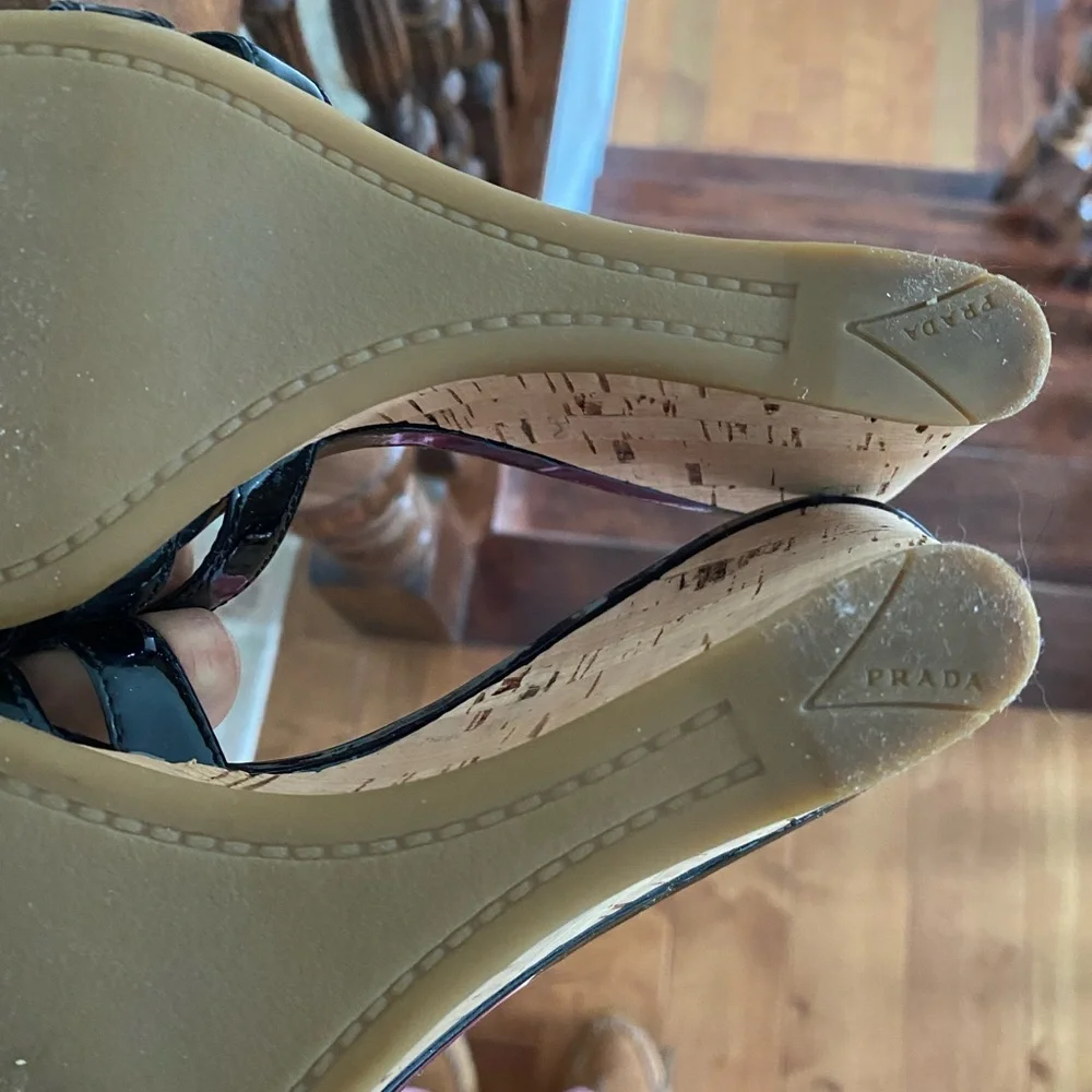 PRADA Black Patent Leather Cork Wedge Heel Sandals - Picture 5 of 5